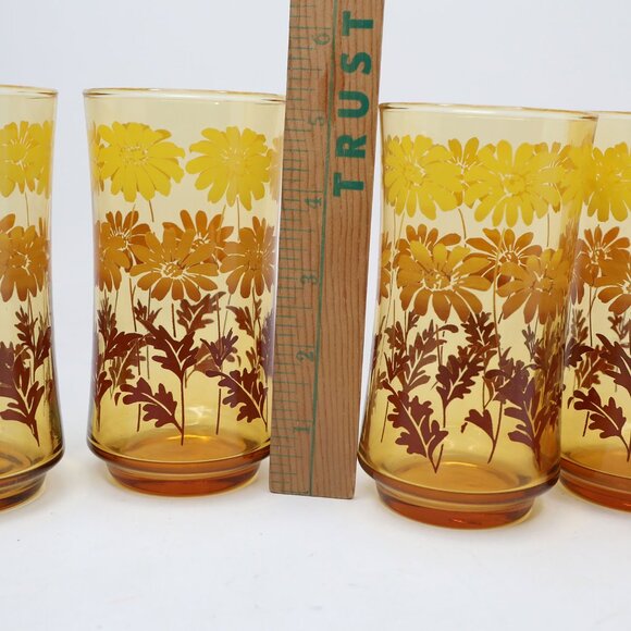 Vintage Libbey Amber Glass Daisy Drinking Glasses Cups 70s Yellow Brown x 5 - Picture 5 of 11